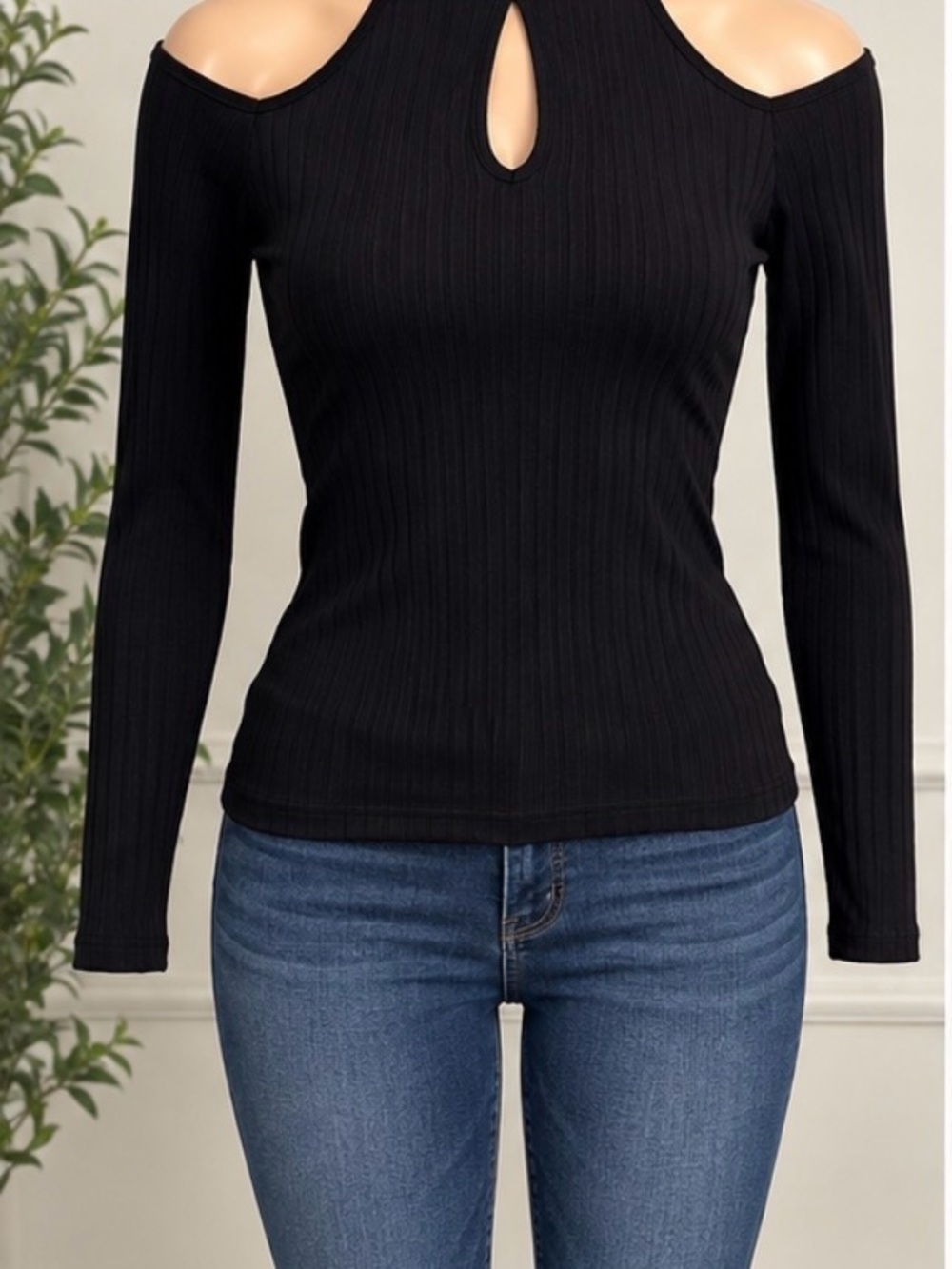 Fashion Nova Black Ribbed Cold Shoulder Long Sleeve Top